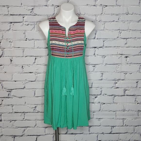 Umgee Green & Striped Tunic Dress, Size Small - Picture 1 of 5